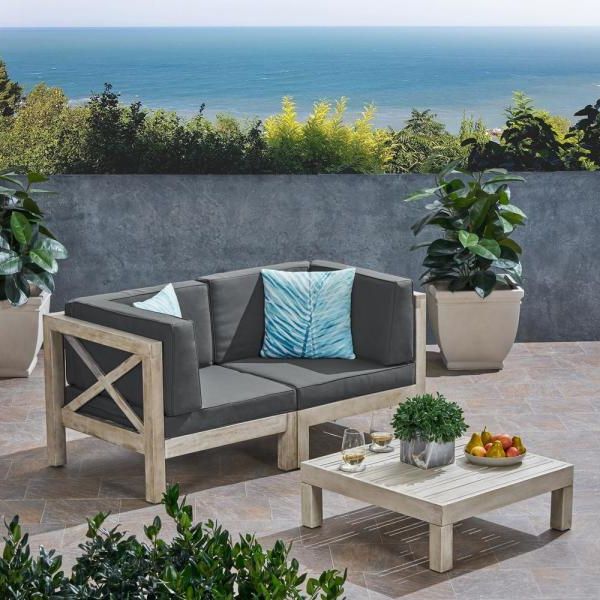 Noble House Brava Weathered Grey 3 Piece Wood Patio Conversation Inside Most Recently Released Gray Wood Outdoor Conversation Sets (View 9 of 15)