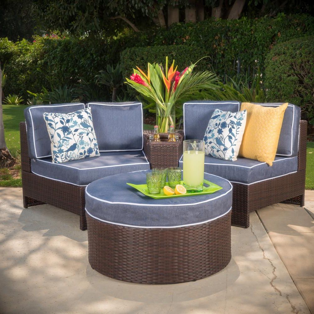 Noble House Brown 4 Piece Wicker Patio Sectional Seating Set With Navy Regarding Most Up To Date 4 Piece Outdoor Seating Patio Sets (View 11 of 15)