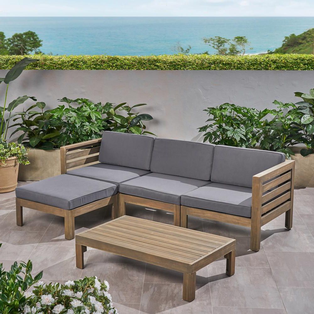 Noble House Cambridge Grey 5 Piece Acacia Wood Patio Conversation Intended For Trendy Patio Conversation Sets And Cushions (View 9 of 15)