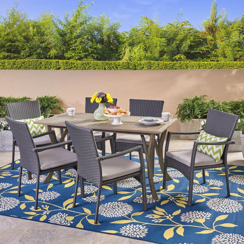 Noble House Corleone Gray 7 Piece Wood And Wicker Outdoor Dining Set Throughout Current Gray Wicker Rectangular Patio Dining Sets (View 13 of 15)