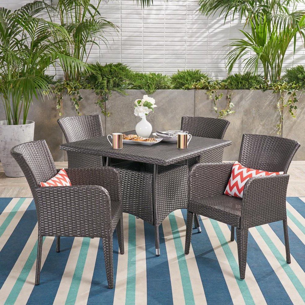 Noble House Corsica Gray 5 Piece Wicker Outdoor Dining Set 304518 – The Pertaining To Well Known Gray Wicker 5 Piece Round Patio Dining Sets (View 4 of 15)