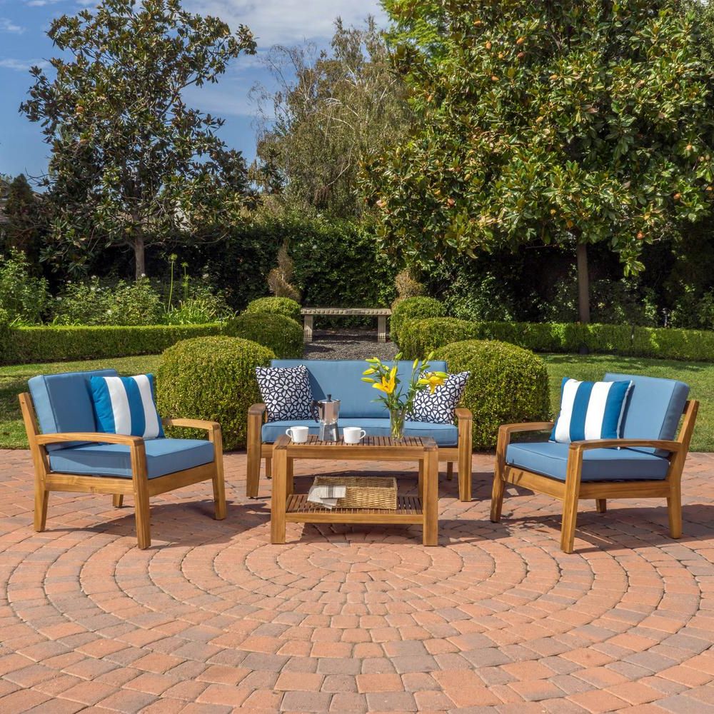 Noble House Grenada Teak 4 Piece Wood Patio Conversation Set With Blue Intended For Newest Blue Cushion Patio Conversation Set (View 9 of 15)