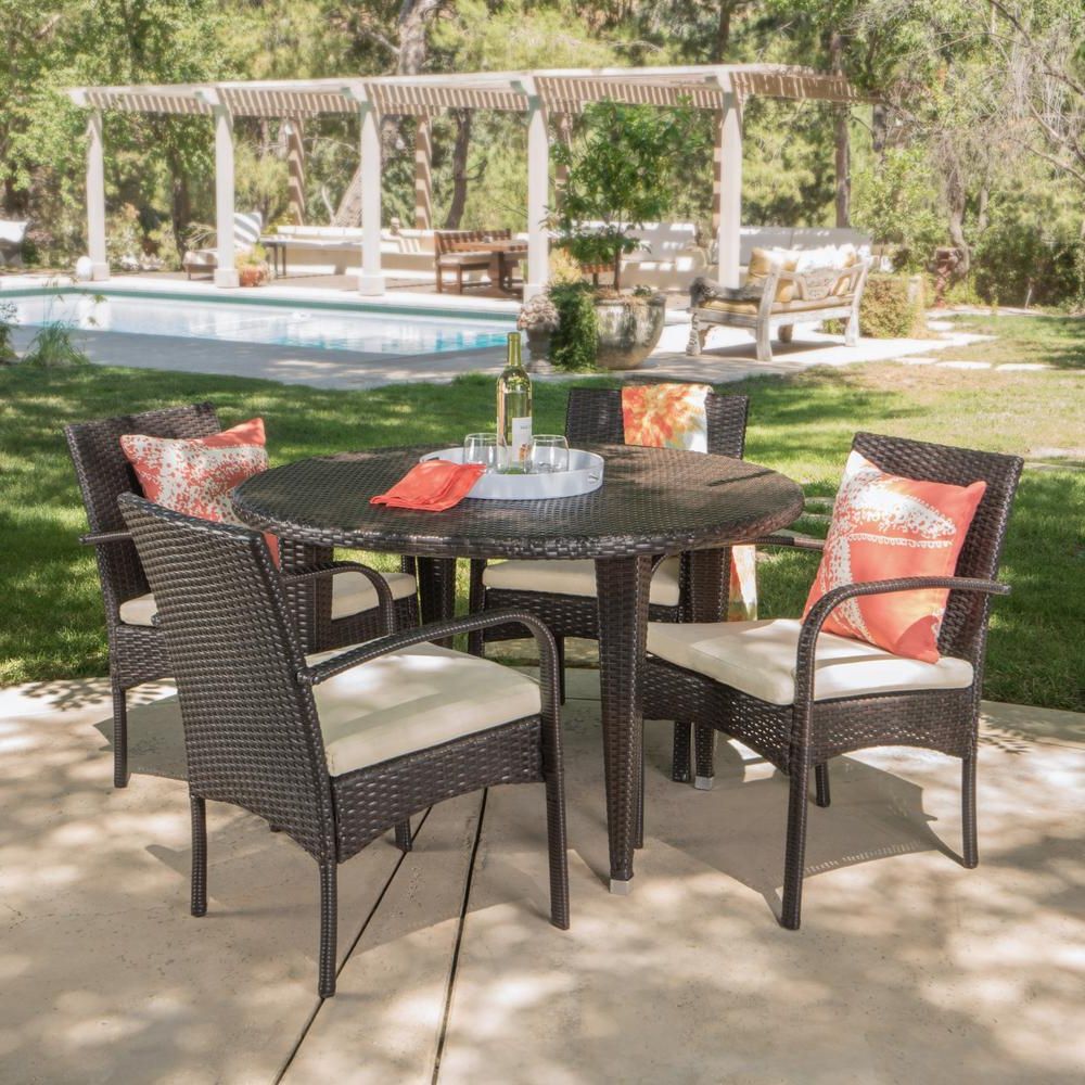 Noble House Manuel Multibrown 5 Piece Wicker Round Outdoor Dining Set Within Famous Round 5 Piece Outdoor Dining Set (View 2 of 15)