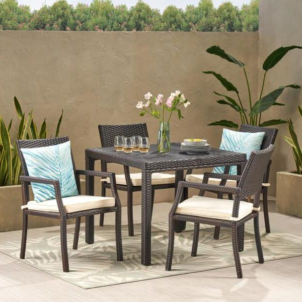 Noble House Multi Brown 7 Piece Wicker Rectangular Outdoor Dining Set For 2019 7 Piece Patio Dining Sets With Cushions (View 10 of 15)