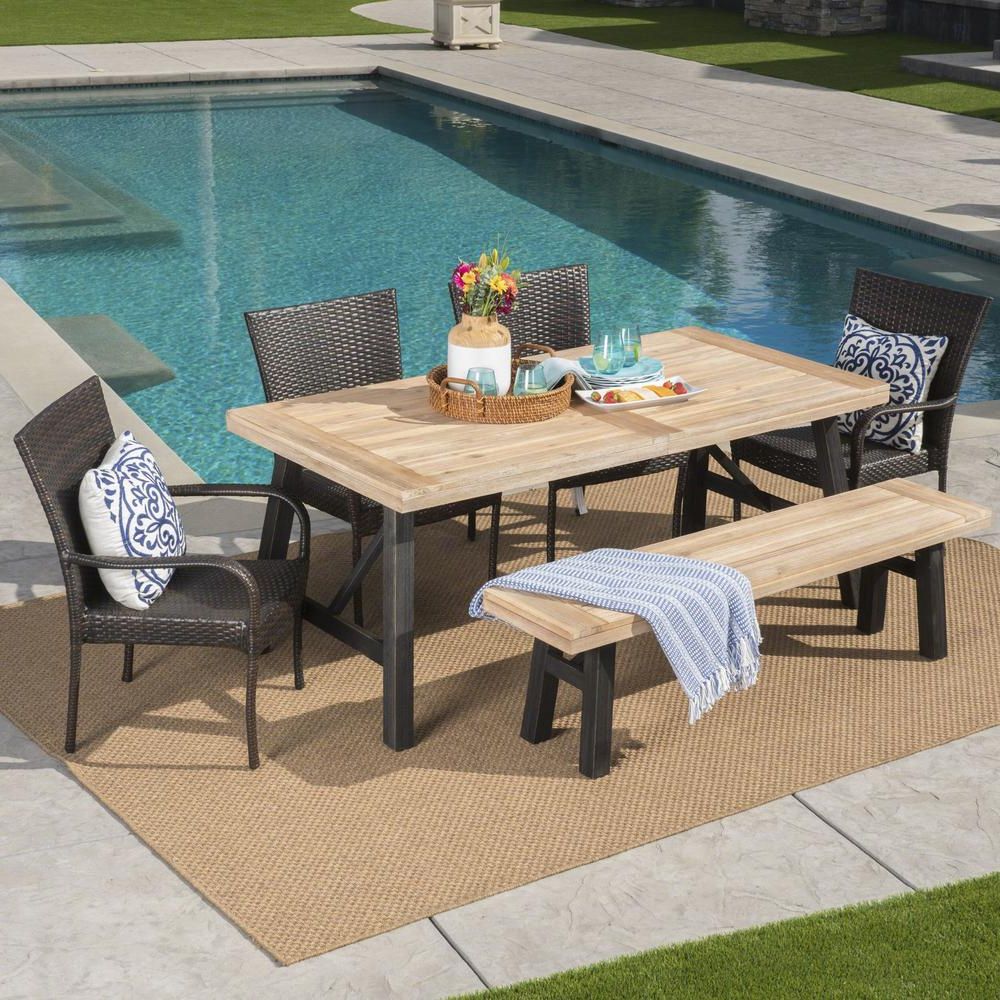 Noble House Multi Brown Gray 6 Piece Wicker, Wood And Iron Rectangular In Favorite Brown Acacia 6 Piece Patio Dining Sets (View 14 of 15)