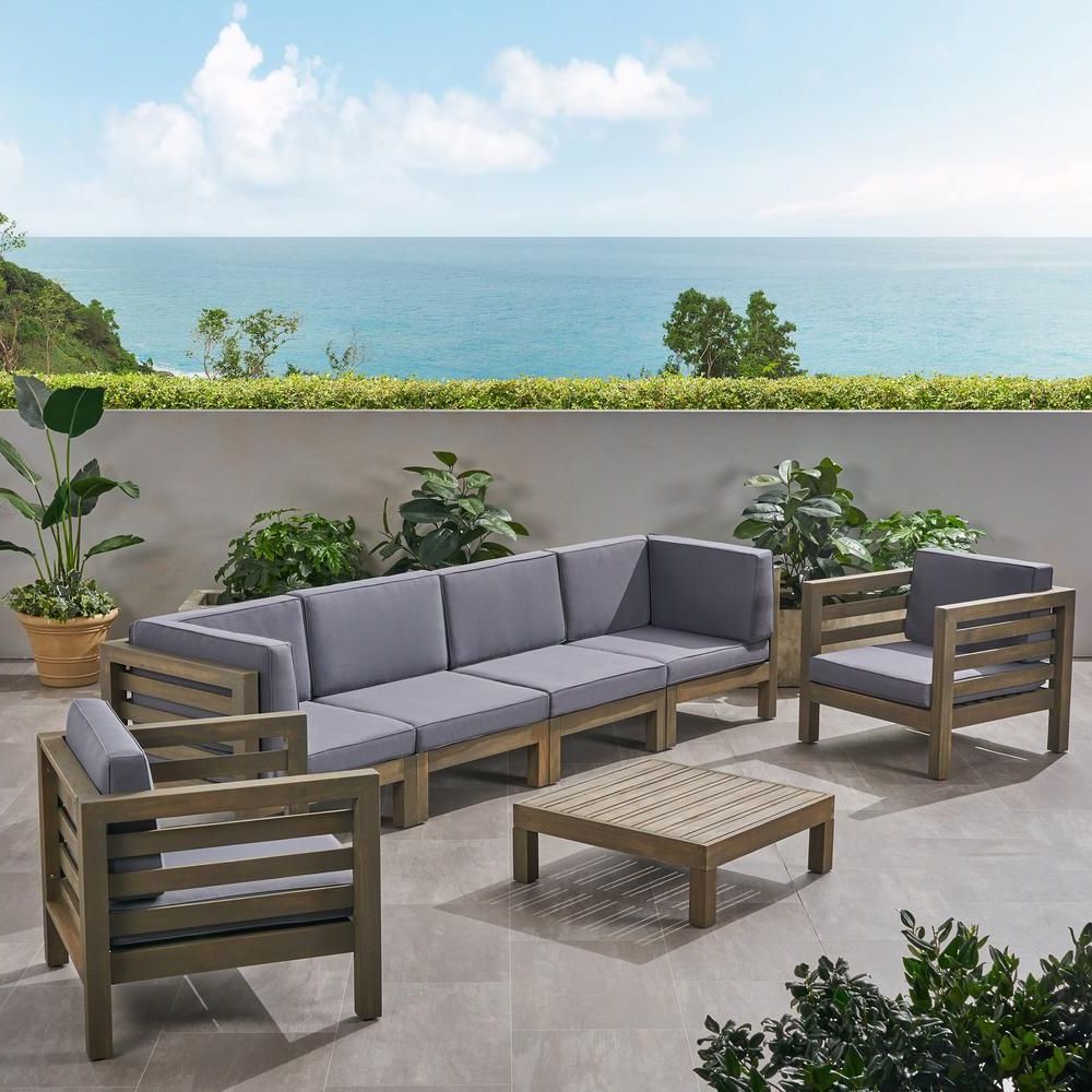 Noble House Oana Grey 7 Piece Wood Patio Conversation Seating Set With For Famous Gray Wood Outdoor Conversation Sets (View 3 of 15)