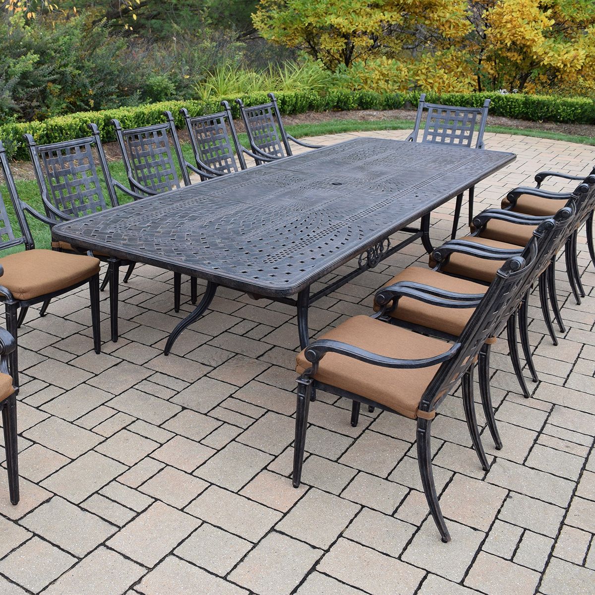 Oakland Living Belmont Aluminum 13 Piece Expandable Patio Dining Set For Well Known Black Outdoor Dining Modern Chairs Sets (View 4 of 15)