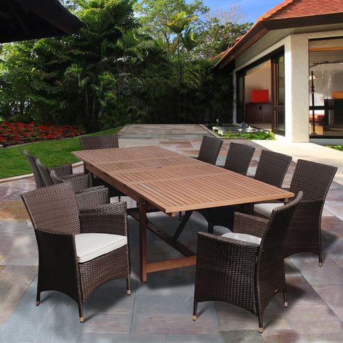 Off White Cushion Patio Dining Sets With Favorite August 11 Piece Eucalyptus Extendable Patio Dining Set, Off White (View 3 of 15)