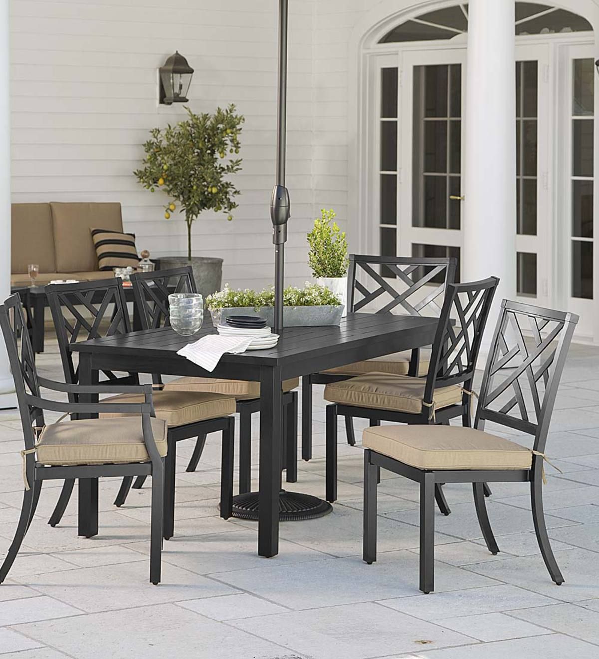 Off White Cushion Patio Dining Sets Within Newest Chippendale Outdoor Dining Set With Cushions – Black With Heather Beige (View 14 of 15)