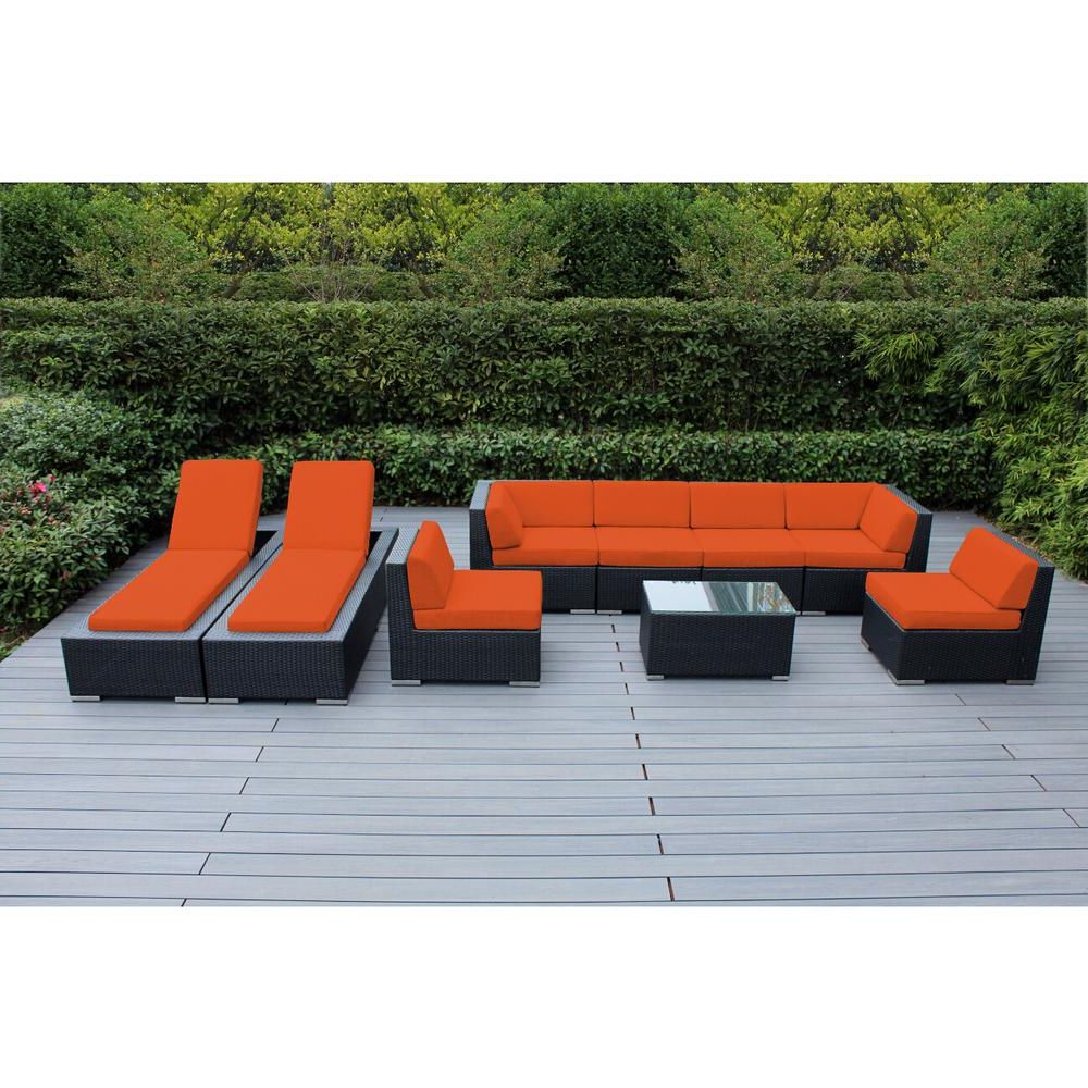 Ohana Depot Black 9 Piece Wicker Patio Combo Conversation Set With Throughout Favorite Outdoor Wicker Orange Cushion Patio Sets (View 15 of 15)