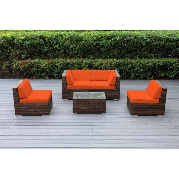 Ohana Depot Ohana Mixed Brown 5 Piece Wicker Patio Seating Set With Pertaining To Recent Fabric 5 Piece 4 Seat Outdoor Patio Sets (View 6 of 15)
