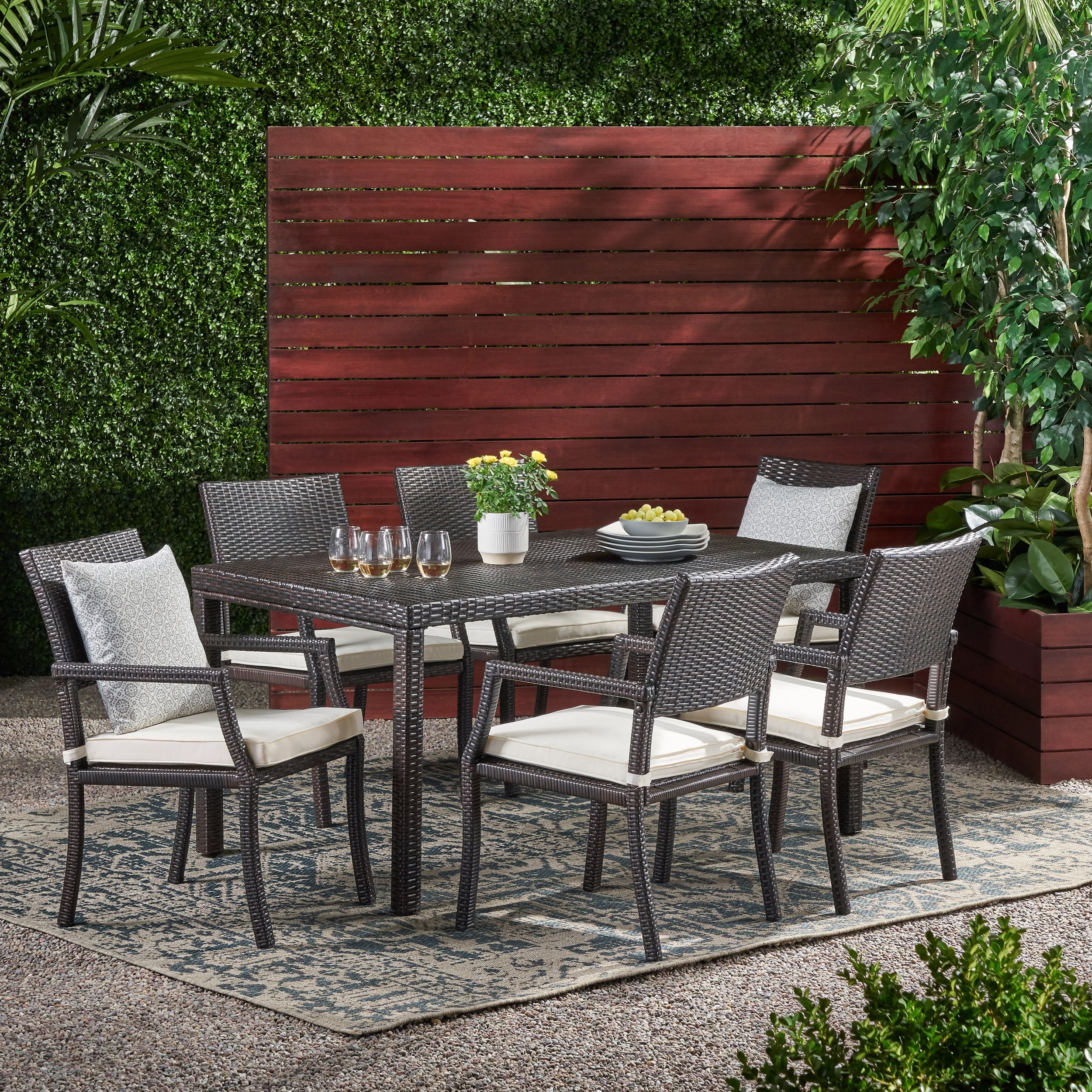 Outdoor 7 Piece Wicker Rectangular Dining Set,multibrown,white Within Well Liked Rectangular Patio Dining Sets (View 1 of 15)