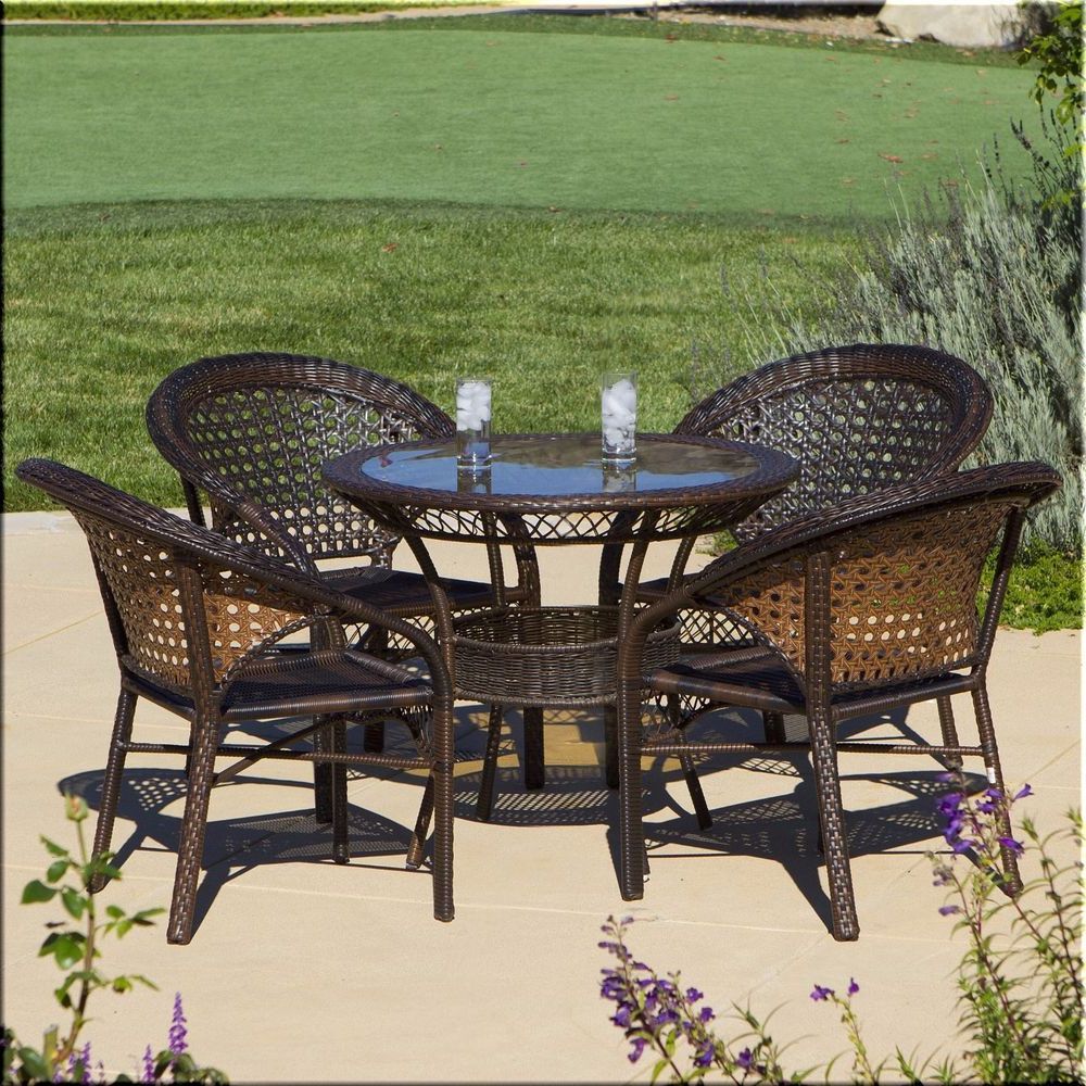 Outdoor Dining Set 5 Piece Round Table Chairs Resin Wicker Brown Intended For Well Known 5 Piece Outdoor Bench Dining Sets (View 4 of 15)