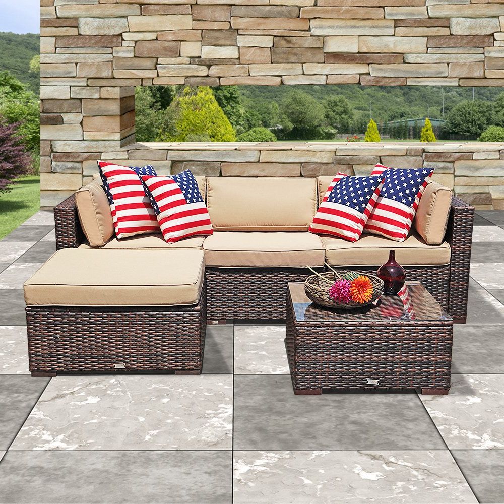 Outdoor Furniture Sectional Sofa Set (5 Piece Set) All Weather Brown Pe Regarding Favorite Gray All Weather Outdoor Seating Patio Sets (View 1 of 15)