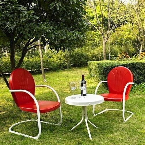 Outdoor Furniture Set 3 Piece Retro Red Metal Lawn Yard Patio Deck Pertaining To 2020 Red Steel Indoor Outdoor Armchair Sets (View 14 of 15)