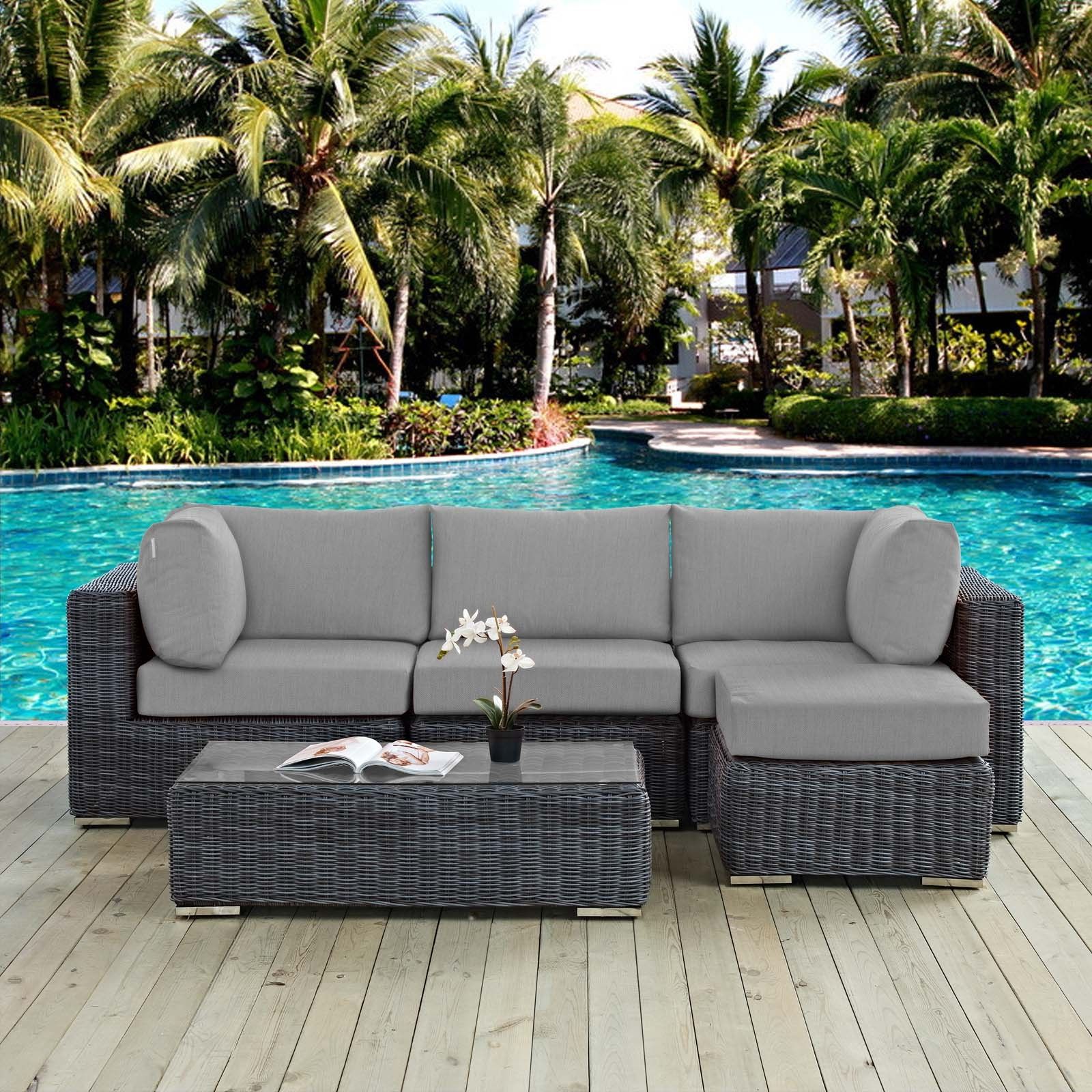 Outdoor Seating Sectional Patio Sets With Trendy Summon Canvas Gray 5 Piece Outdoor Patio Sunbrella Sectional Set Eei (View 3 of 15)
