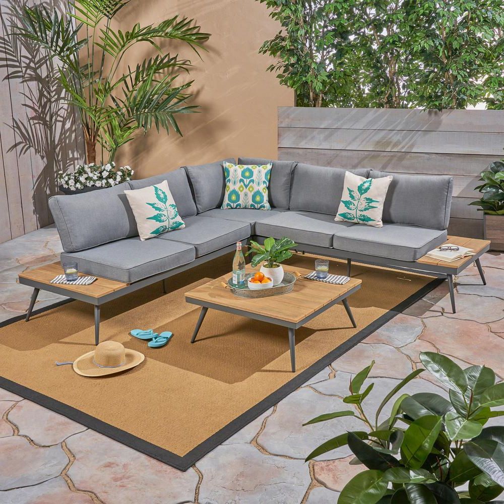 Outdoor Seating Sectional Patio Sets With Well Liked Noble House Norfolk 4 Piece Natural Brown Wood And Gray Aluminum Patio (View 1 of 15)