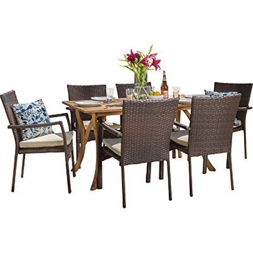 Outdoor Space Makeover Rincon 7 Piece Patio Outdoor Yard Dining Set Inside Most Popular Beige Wicker And Green Fabric Patio Bistro Sets (View 11 of 15)