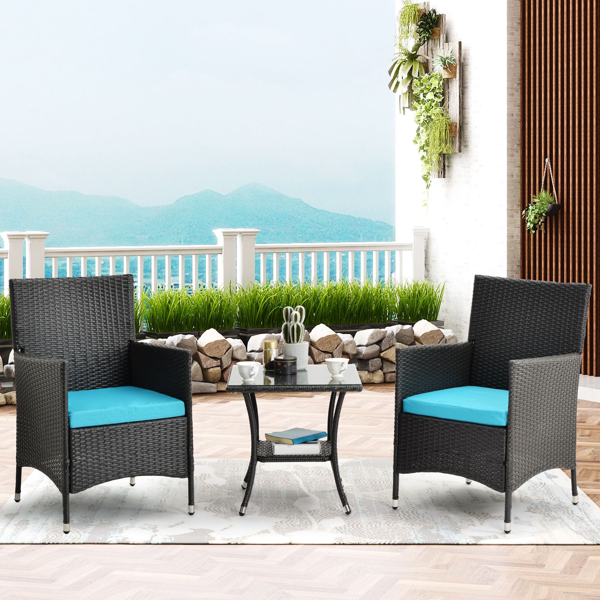 Outdoor Wicker Cafe Dining Sets For 2019 Outdoor Conversation Sets, 3 Piece Wicker Patio Set With Glass Dining (View 9 of 15)