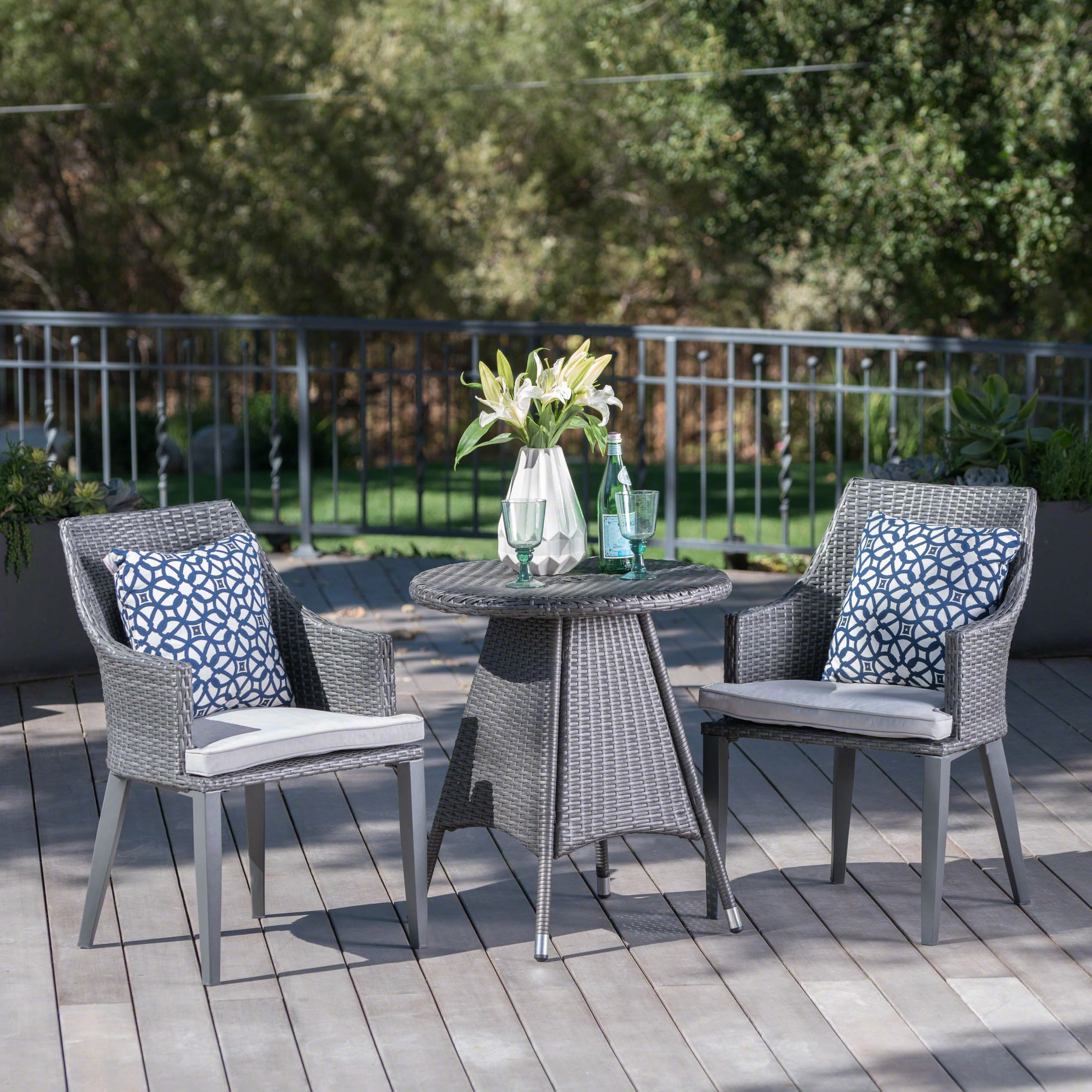 Outdoor Wicker Cafe Dining Sets Within 2019 Hillsdale Outdoor 3 Piece Wicker Round Bistro Set With Cushions, Grey (View 1 of 15)