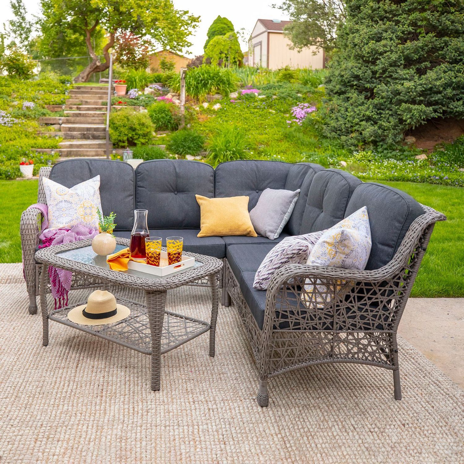 Outdoor Wicker Gray Cushion Patio Sets Intended For Favorite Outdoor Gray Rattan Sectional With Cushions & Table Set (View 7 of 15)