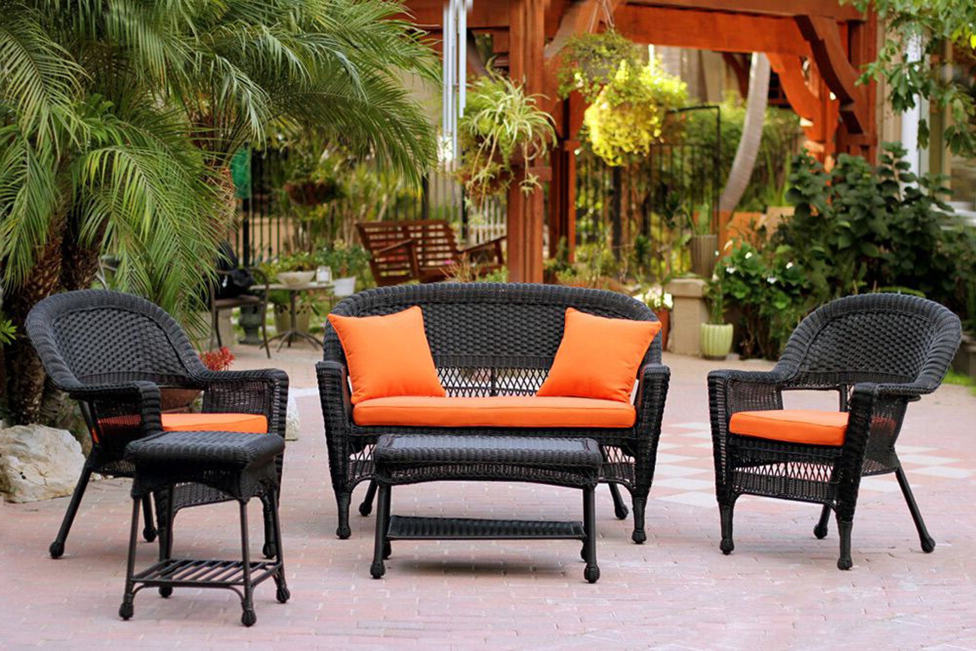 Outdoor Wicker Orange Cushion Patio Sets Within Most Popular 5 Piece Black Resin Wicker Patio Chair, Loveseat & Table Furniture Set (View 9 of 15)