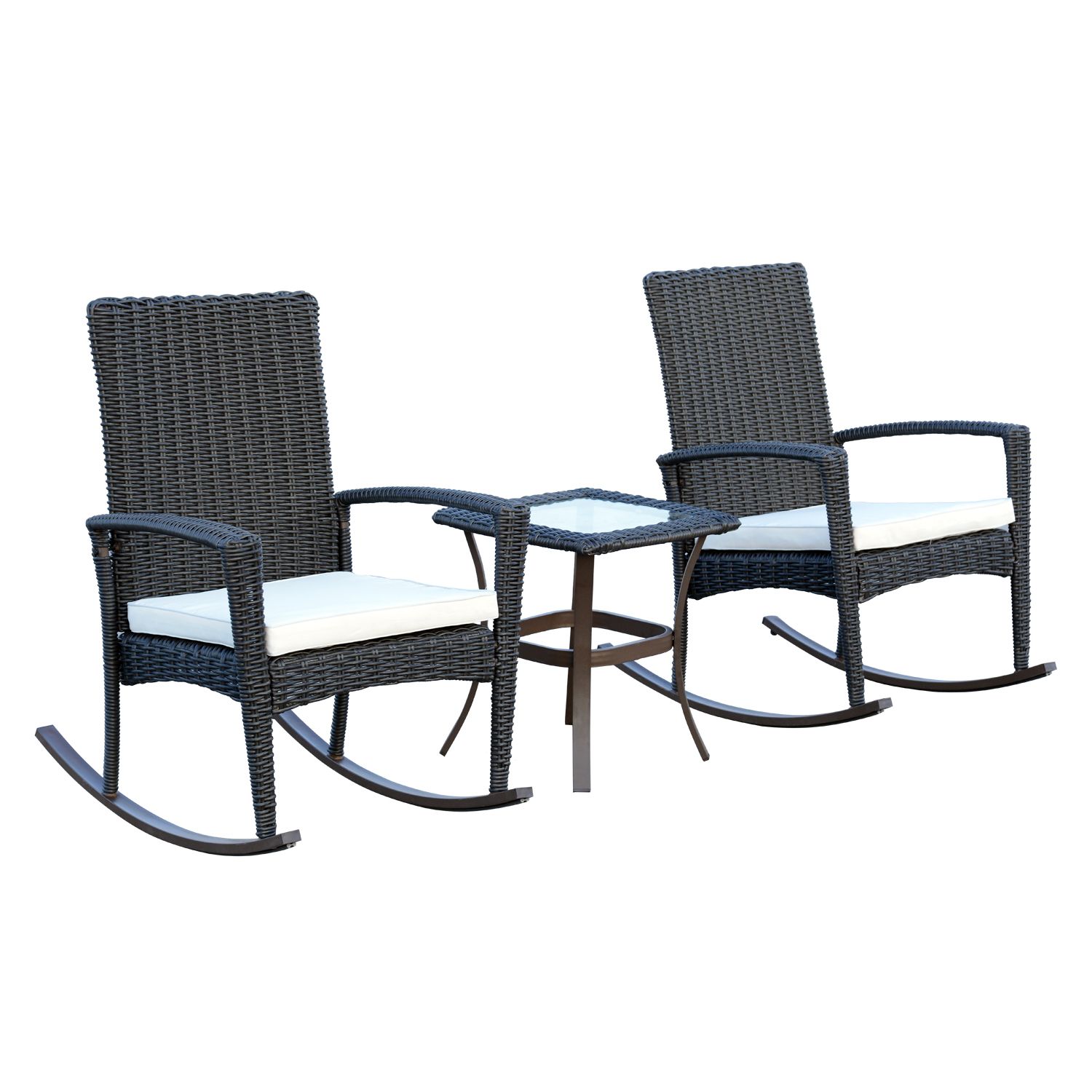 Outsunny 3pcs Rattan Rocking Chair Table Set Patio Bistro Set Dark Grey With Regard To Well Known Outdoor Rocking Chair Sets With Coffee Table (View 1 of 15)