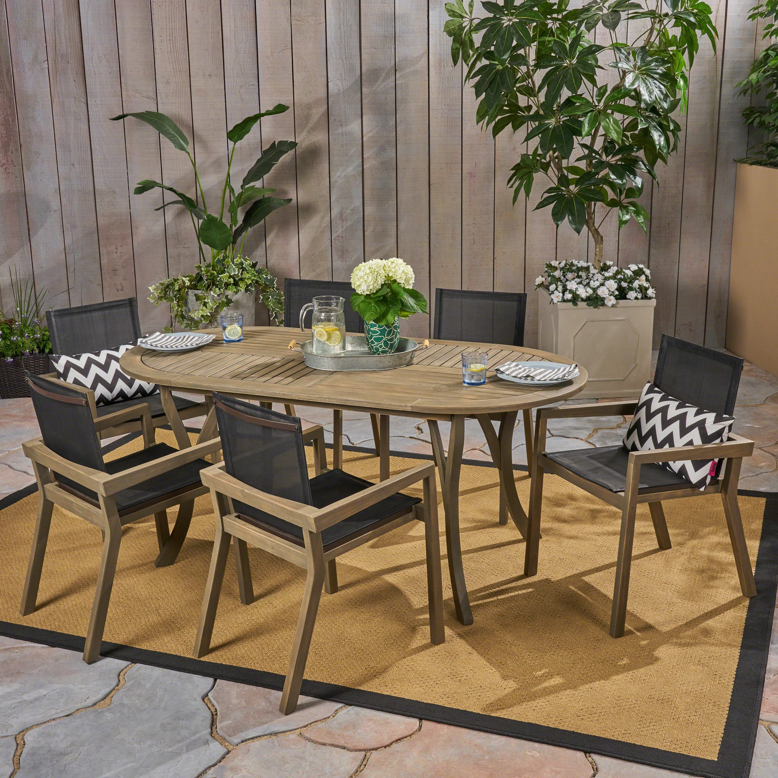 Oval 7 Piece Outdoor Patio Dining Sets Throughout Current Kalani Outdoor 7 Piece Acacia Wood And Mesh Oval Dining Set, Gray (View 5 of 15)