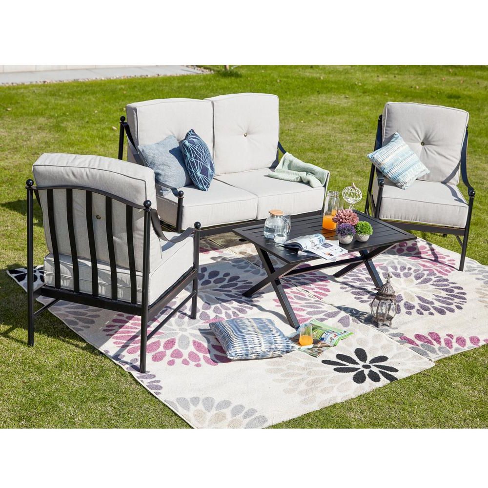 Patio Festival 4 Piece Metal Patio Deep Seating Set With Beige Cushions Throughout Best And Newest 4 Piece Outdoor Seating Patio Sets (View 10 of 15)