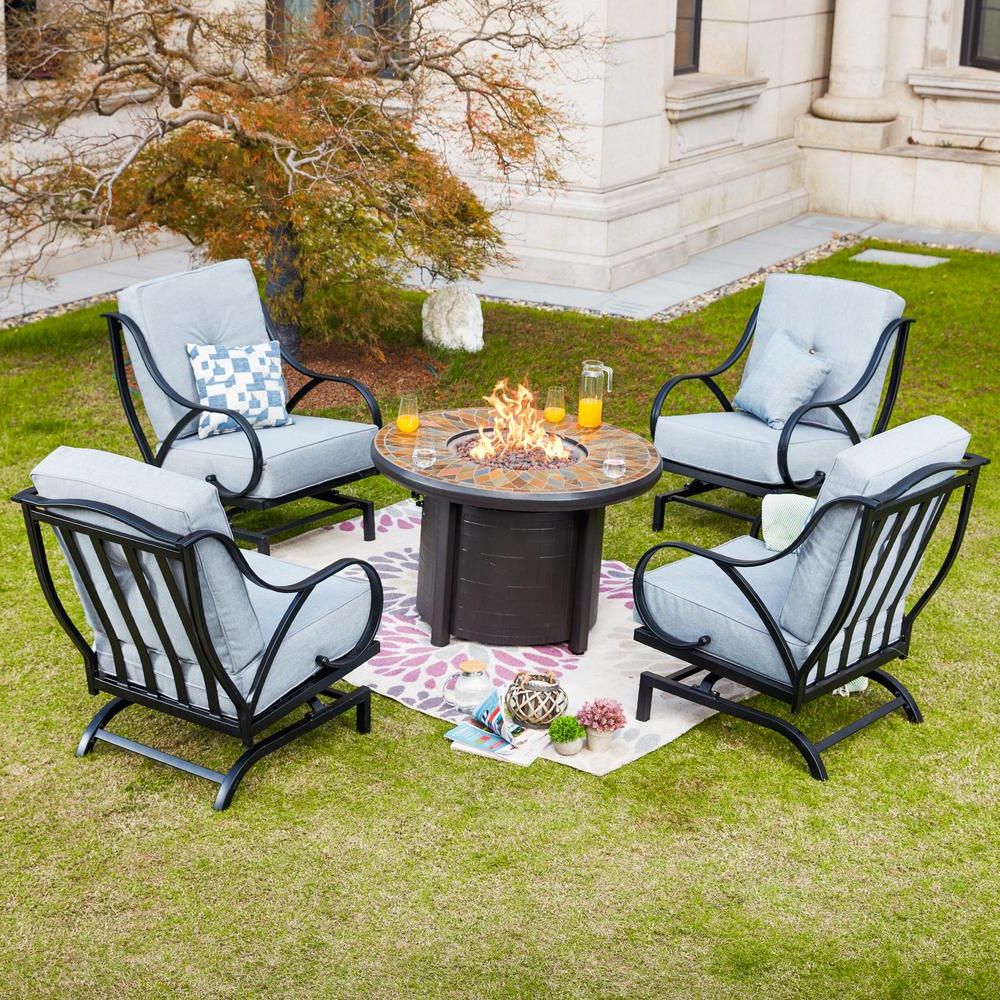 Patio Festival 5 Piece Metal Patio Fire Pit Seating Set With Gray In Famous 5 Piece Outdoor Seating Patio Sets (View 13 of 15)