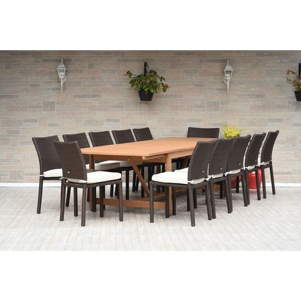 Popham 13 Piece Dining Wood/ Wicker Double Extendable Sethavenside Intended For Most Current 13 Piece Extendable Patio Dining Sets (View 12 of 15)