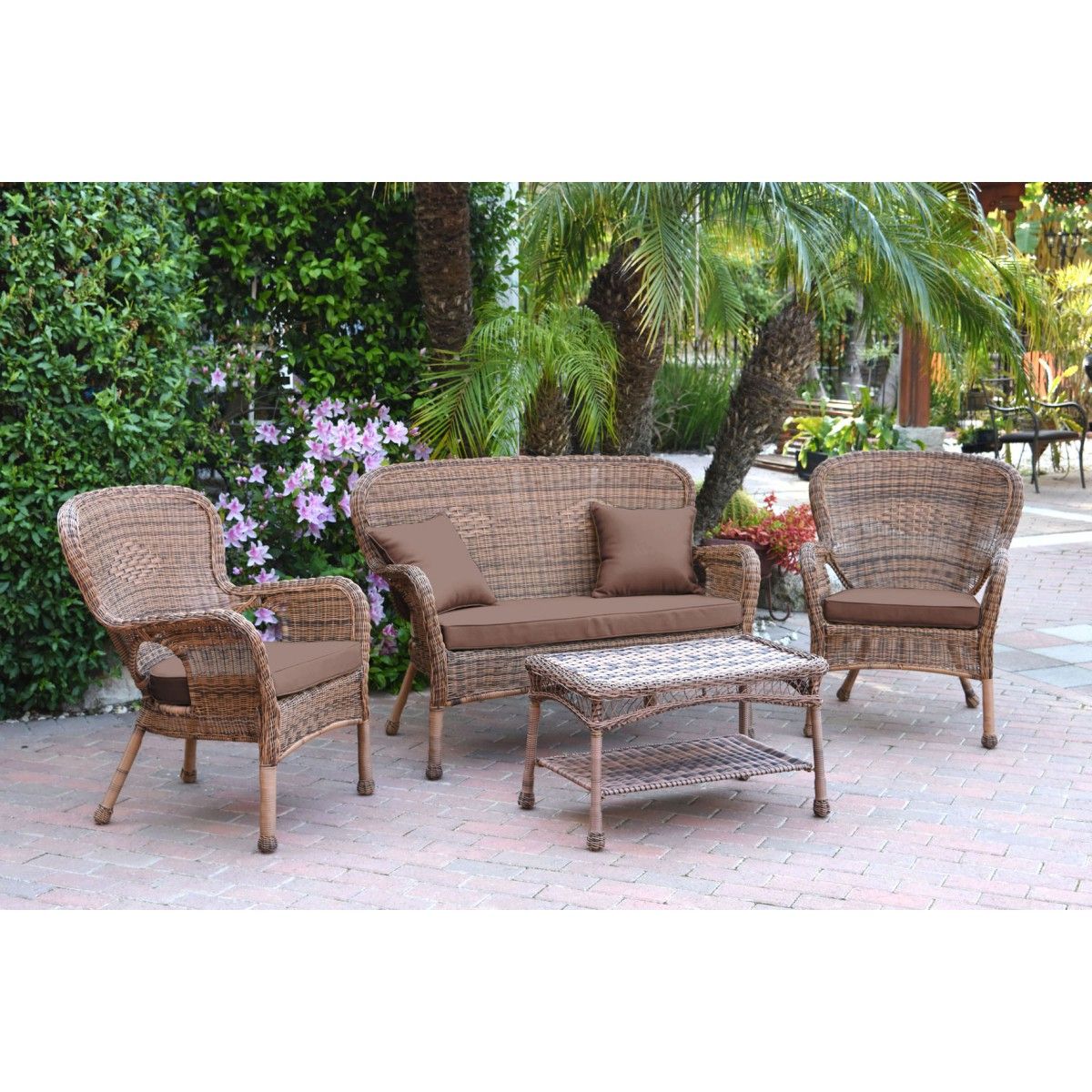 Popular 4pc Windsor Honey Wicker Conversation Set – Brown Cushions Intended For Brown Patio Conversation Sets With Cushions (View 6 of 15)