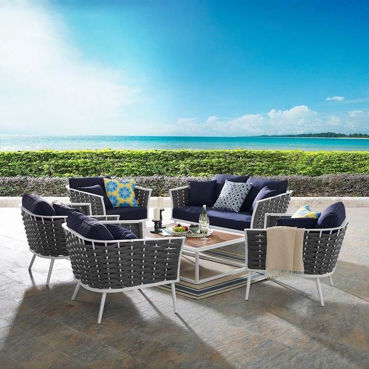 Popular 6 Piece Outdoor Sectional Sofa Patio Sets Intended For Stance 6 Piece Outdoor Patio Aluminum Sectional Sofa Set In White Navy (View 10 of 15)