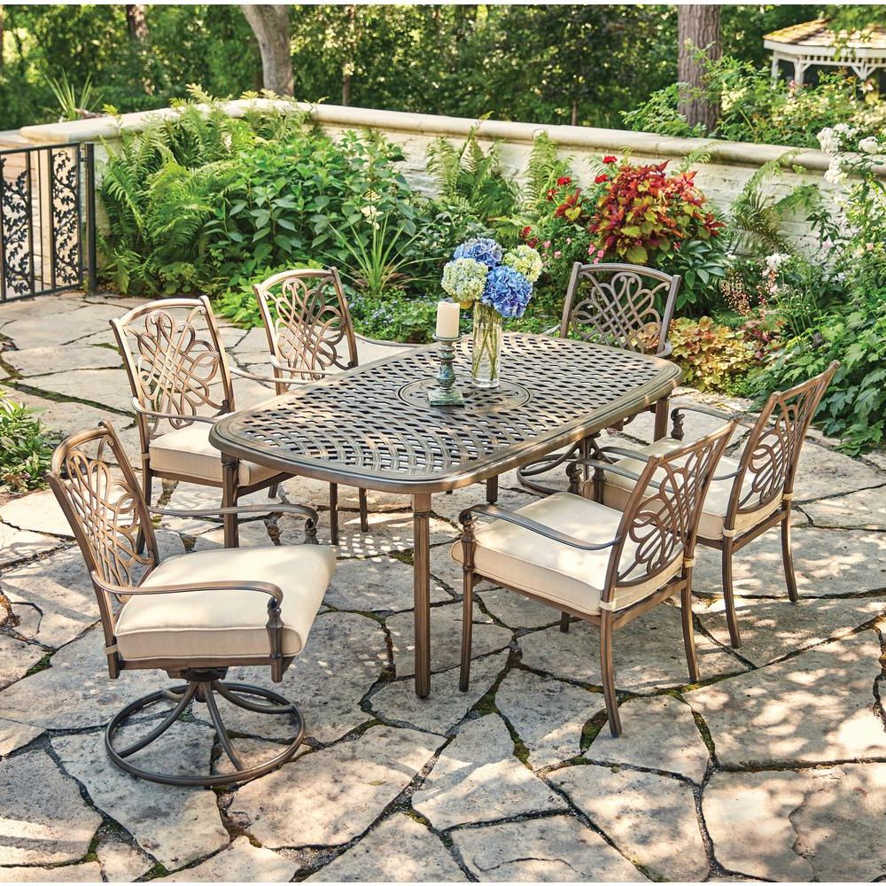 Popular 7 Piece Patio Dining Sets With Cushions Intended For Hampton Bay Cavasso 7 Piece Metal Outdoor Dining Set With Oatmeal (View 14 of 15)
