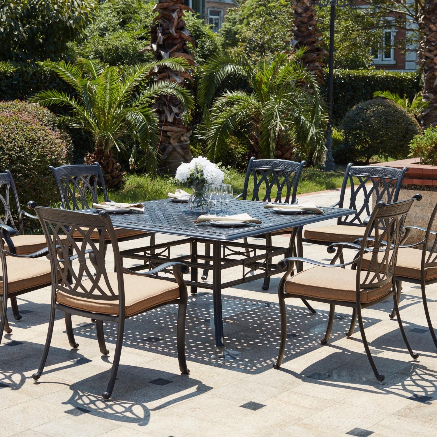 Popular 9 Piece Square Dining Sets Inside Capri 9 Piece Cast Aluminum Patio Dining Set W/ 60 Inch Square Table (View 3 of 15)