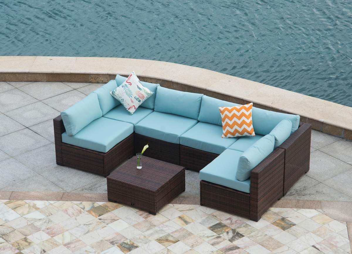 Popular Blue And Brown Wicker Outdoor Patio Sets With Broyerk 7 Piece Brown/blue Patio Rattan Sectional Seating Furniture Set (View 8 of 15)