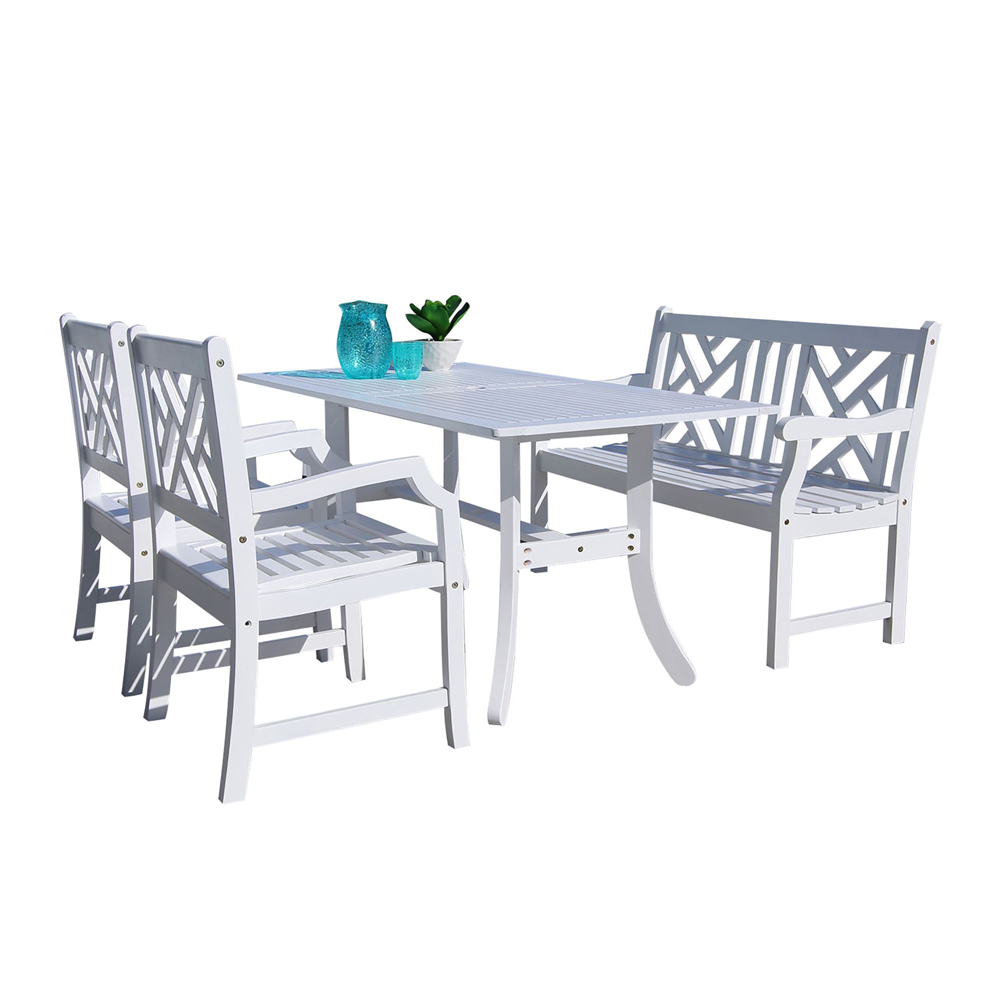 Popular Bradley Outdoor 4 Piece Wood Patio Dining Set With 4 Foot Bench In Throughout White 4 Piece Outdoor Seating Patio Sets (View 8 of 15)