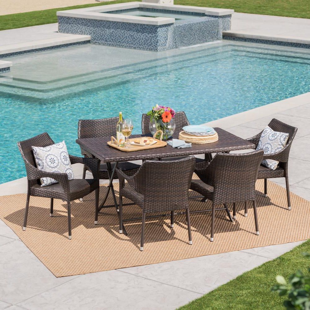 Popular Brown Wicker Rectangular Patio Dining Sets Intended For Noble House Madeleine Multi Brown 7 Piece Wicker Outdoor Dining Set (View 14 of 15)