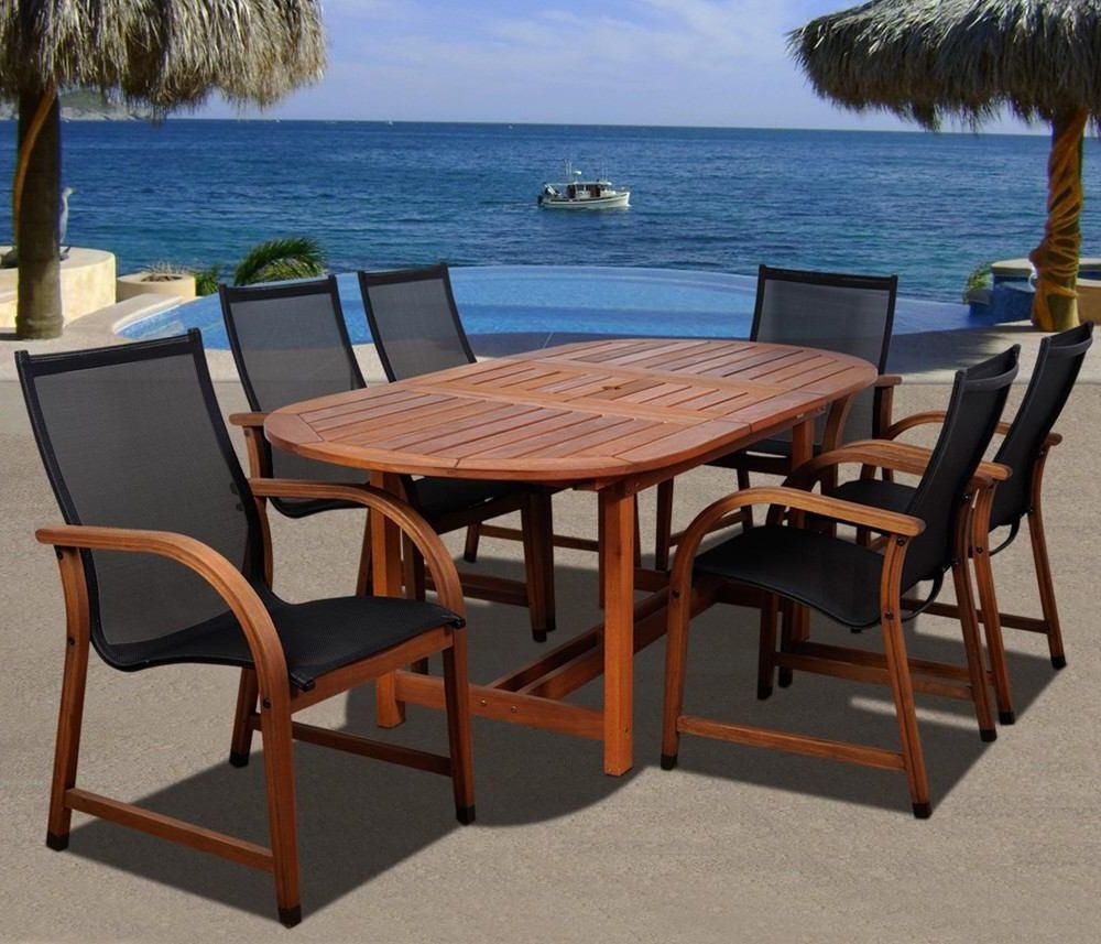 Popular International Home Miami Bahamas 7 Piece Eucalyptus Extendable Oval Pertaining To Oval 7 Piece Outdoor Patio Dining Sets (View 12 of 15)