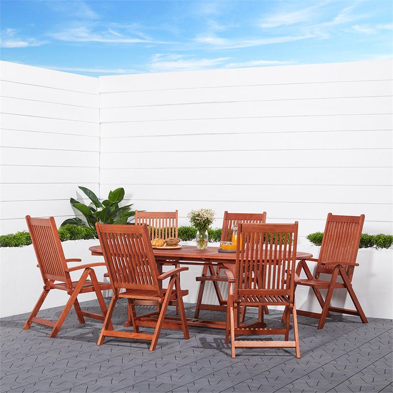 Popular Malibu Outdoor 7 Piece Wood Patio Dining Set With Extension Table And With Regard To Extendable 7 Piece Patio Dining Sets (View 7 of 15)
