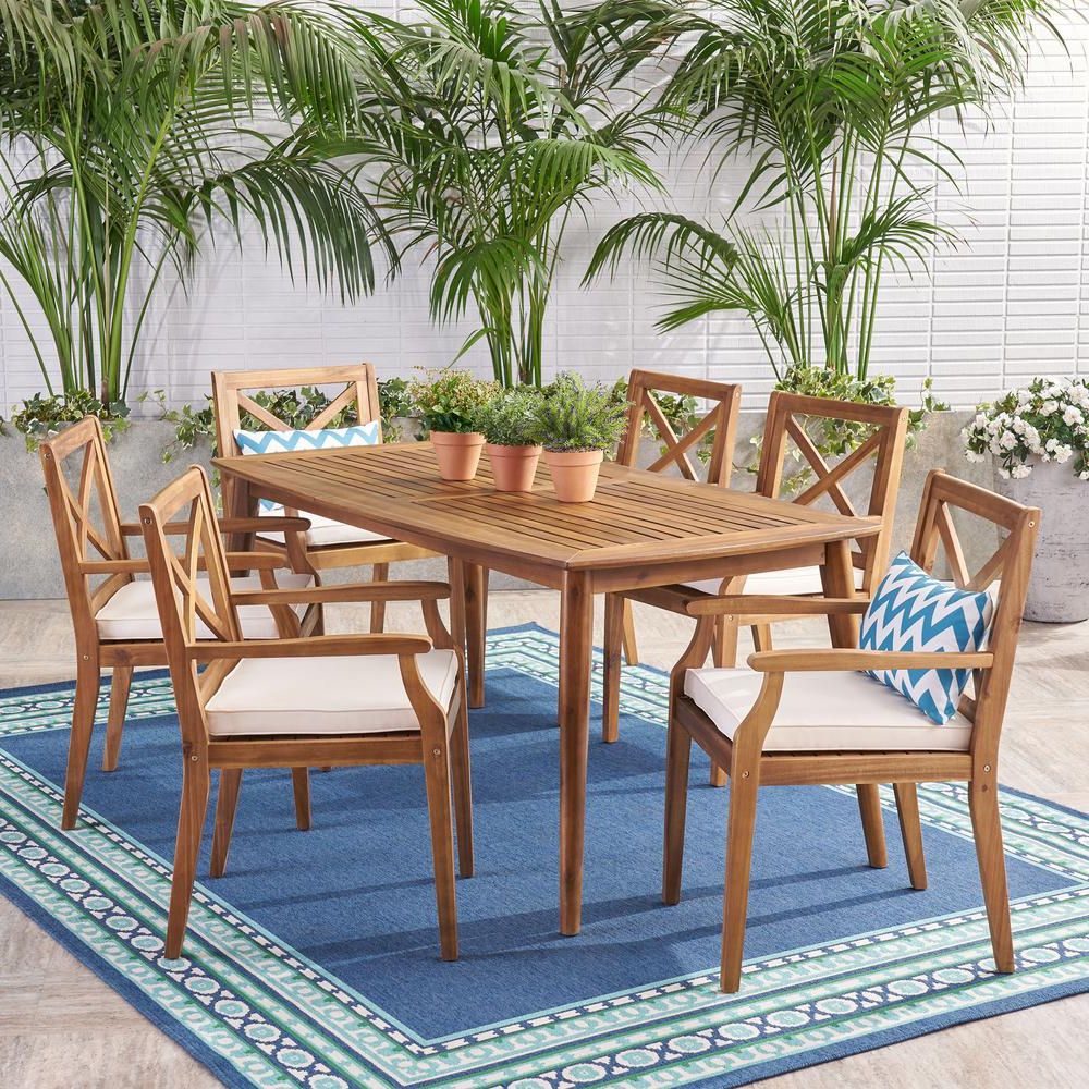 Popular Noble House Llano Teak Brown 7 Piece Wood Outdoor Dining Set With Cream Throughout Teak Armchair Round Patio Dining Sets (View 10 of 15)
