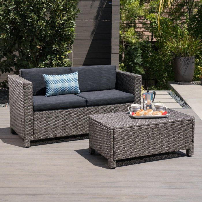 Popular Wade Logan Furst Outdoor Rattan Loveseat And Table Set With Cushions With Black And Gray Outdoor Table And Chair Sets (View 4 of 15)