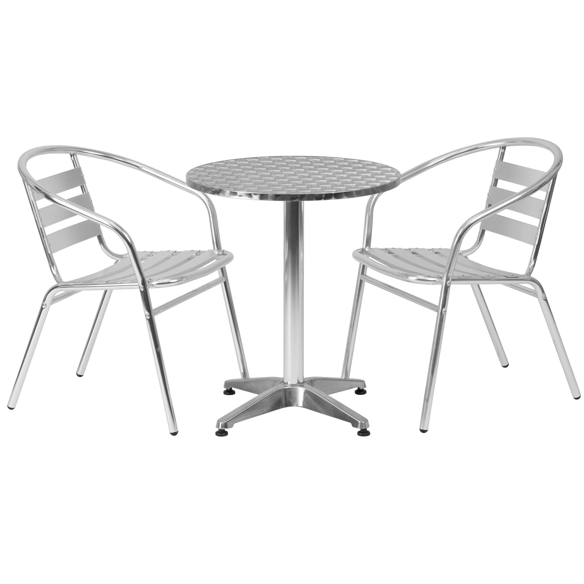 Preferred 3 Piece Silver Round Slat Back Outdoor Furniture Patio Table And Stack With Regard To 3 Piece Outdoor Table And Chair Sets (View 15 of 15)