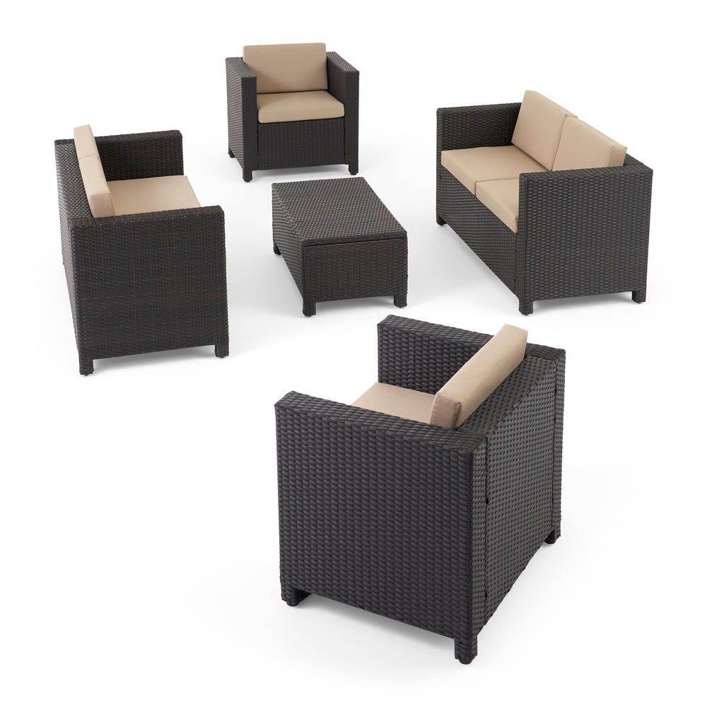 Preferred Fabric 5 Piece 4 Seat Outdoor Patio Sets Pertaining To Noble House Puerta Dark Brown 5 Piece Faux Wicker Patio Conversation (View 1 of 15)