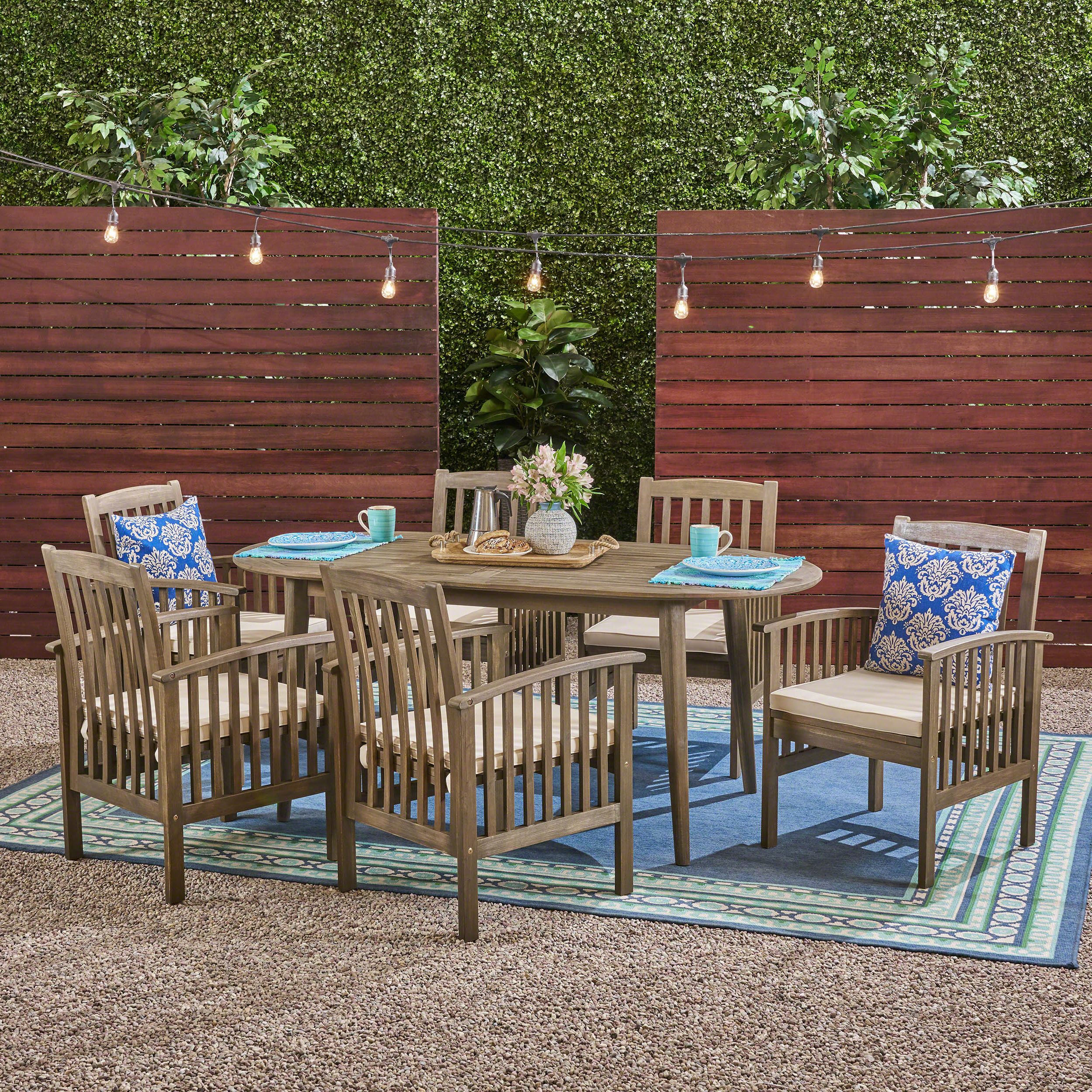 Preferred Frederic Outdoor 7 Piece Acacia Wood 71" Oval Dining Set With Straight Pertaining To 7 Piece Outdoor Oval Dining Sets (View 6 of 15)