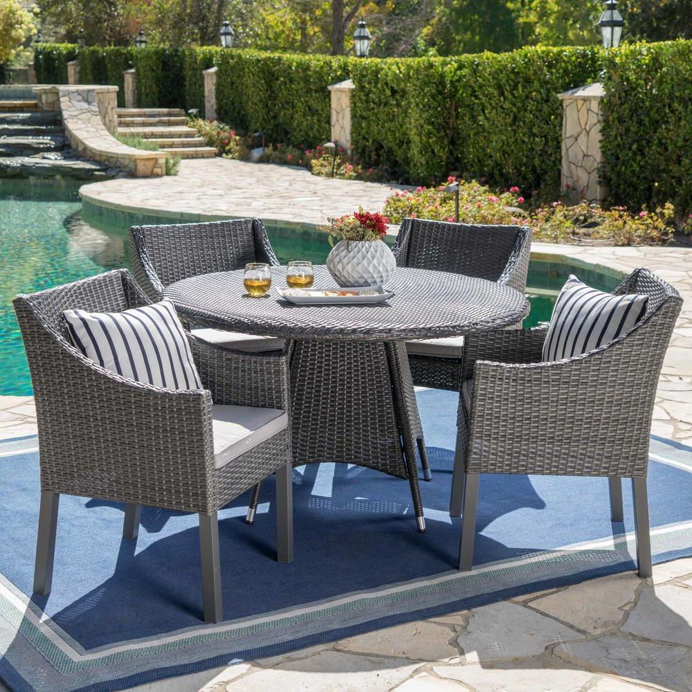 Preferred Noble House Gray 5 Piece Wicker Round Outdoor Dining Set With Silver Inside Patio Dining Sets With Cushions (View 7 of 15)