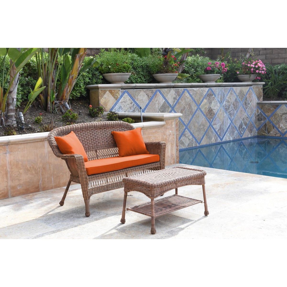 Preferred Outdoor Wicker Orange Cushion Patio Sets Inside Honey Wicker Patio Love Seat And Coffee Table Set With Orange Cushion (View 4 of 15)