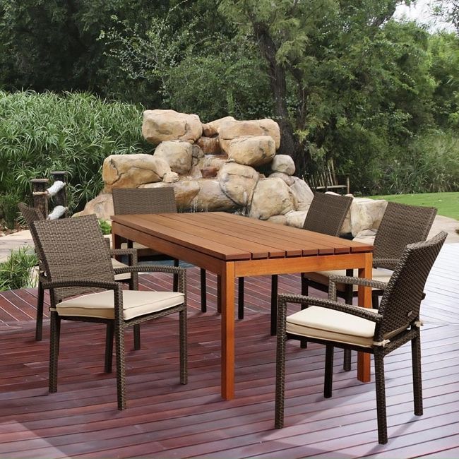 Preferred Shop Amazonia Adriana 7 Piece Eucalyptus And Wicker Outdoor Dining Set Intended For Off White Cushion Patio Dining Sets (View 7 of 15)