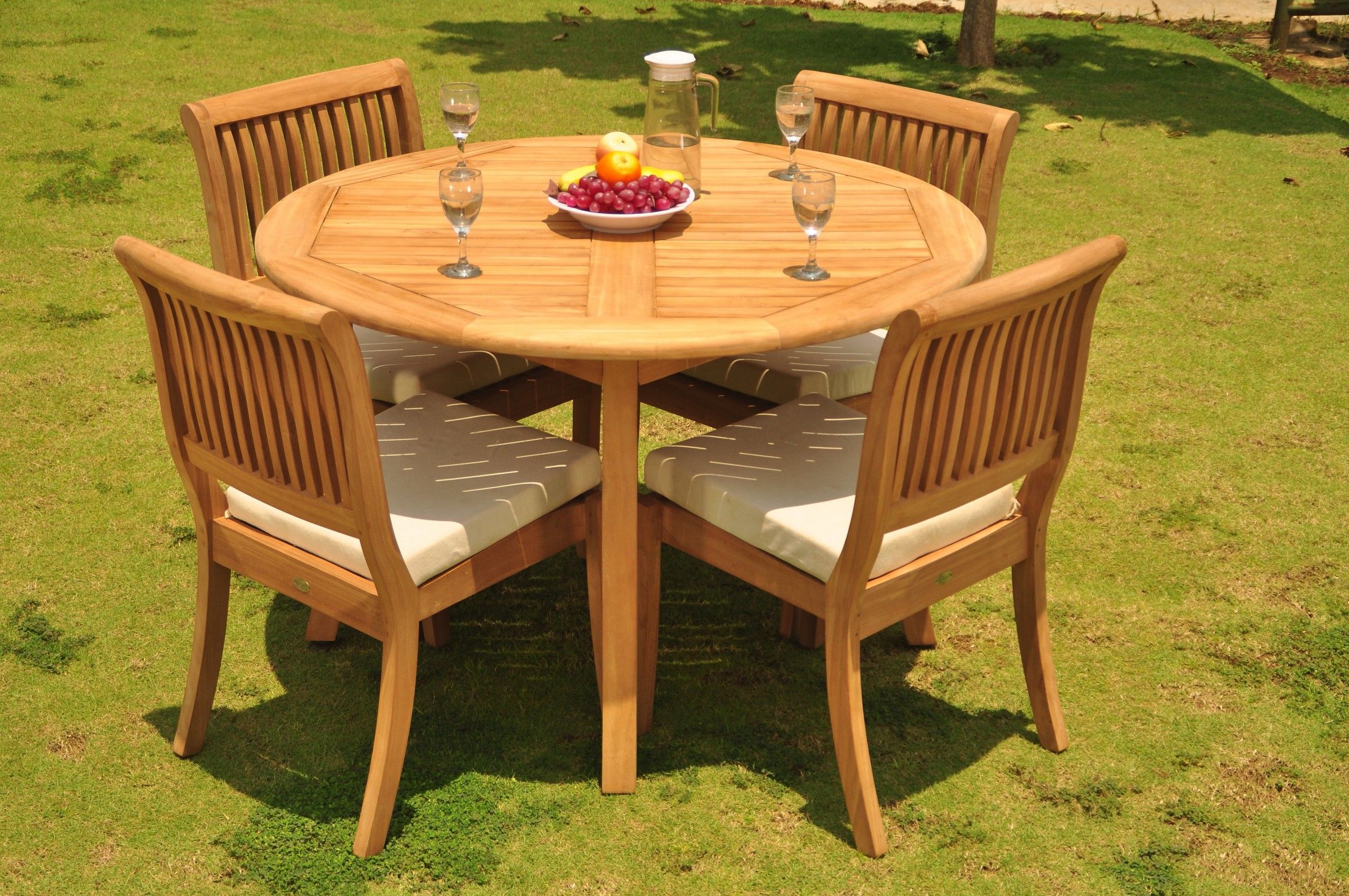 Preferred Teak Wood Outdoor Table And Chairs Sets Pertaining To Teak Dining Set: 4 Seater 5 Pc: 48" Round Table And 4 Arbor Armless (View 2 of 15)