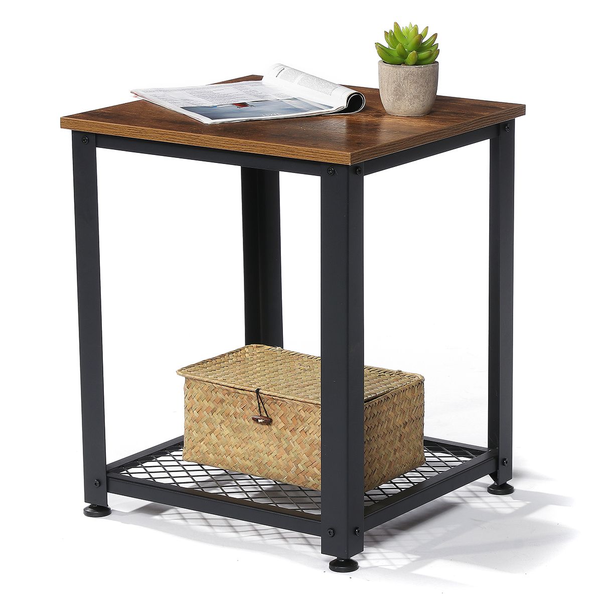Preferred Wood And Steel Outdoor Side Tables Throughout Industrial End Table, 2 Tier Sofa Side Table Nightstand With Storage (View 3 of 15)